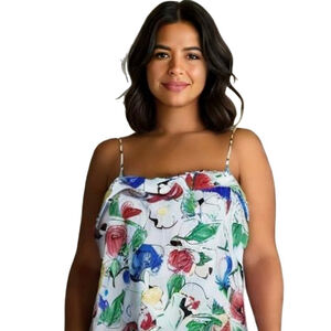 Vintage Floral Print Cami Tank Top Made in Canada Multicolor on White fits M/L